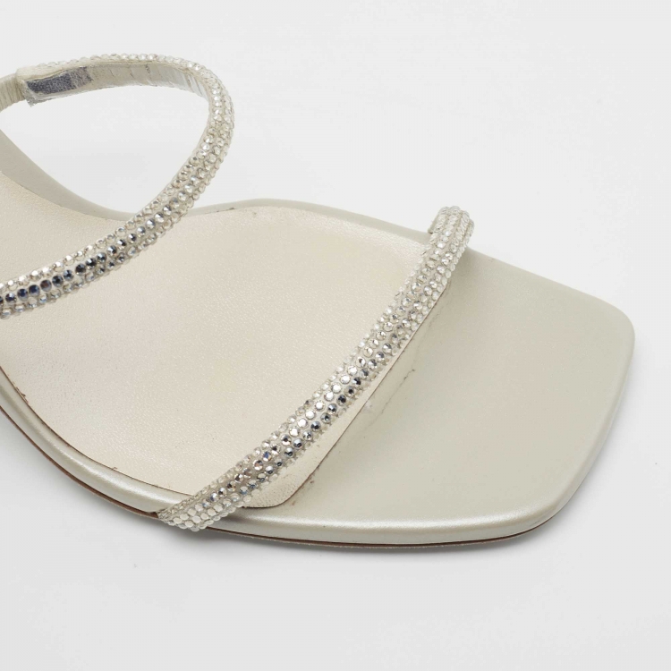 Pre Owned René Caovilla Light Grey Crystal Embellished Satin Sandal Size 38