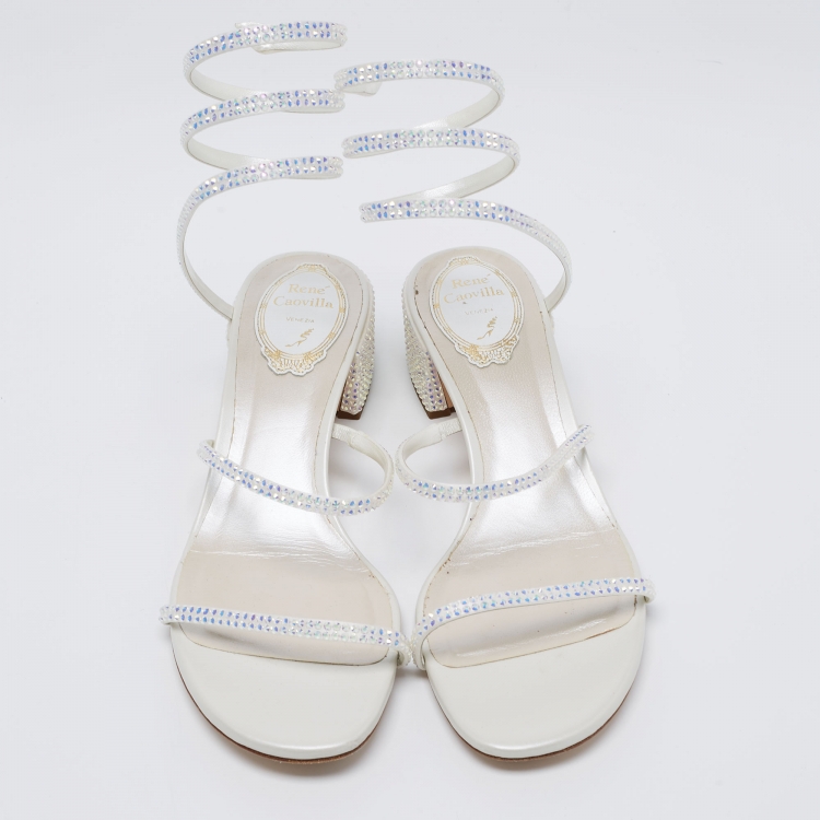 Pre Owned René Caovilla White Crystal Embellished Satin Cleo Sandals Size 38