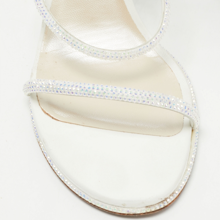 مملوكة مسبقًا René Caovilla White Leather Crystal Embellished Ankle Wrap Sandals Size 41