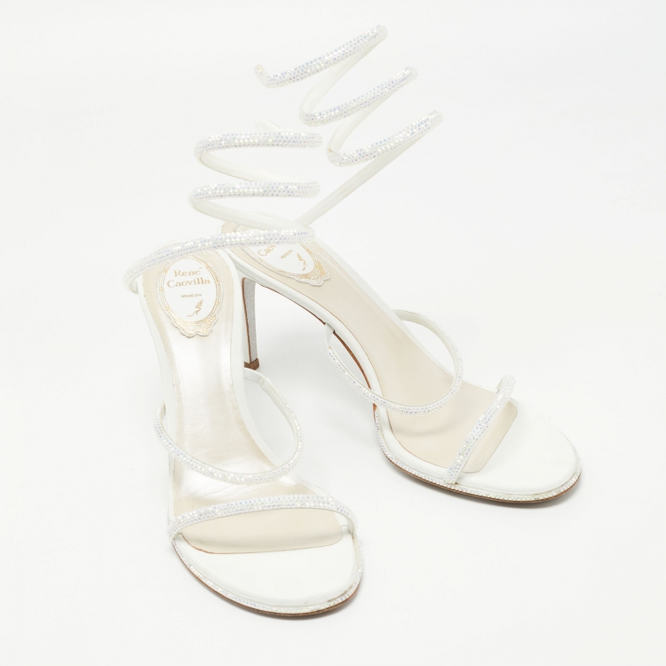 مملوكة مسبقًا René Caovilla White Leather Crystal Embellished Ankle Wrap Sandals Size 41