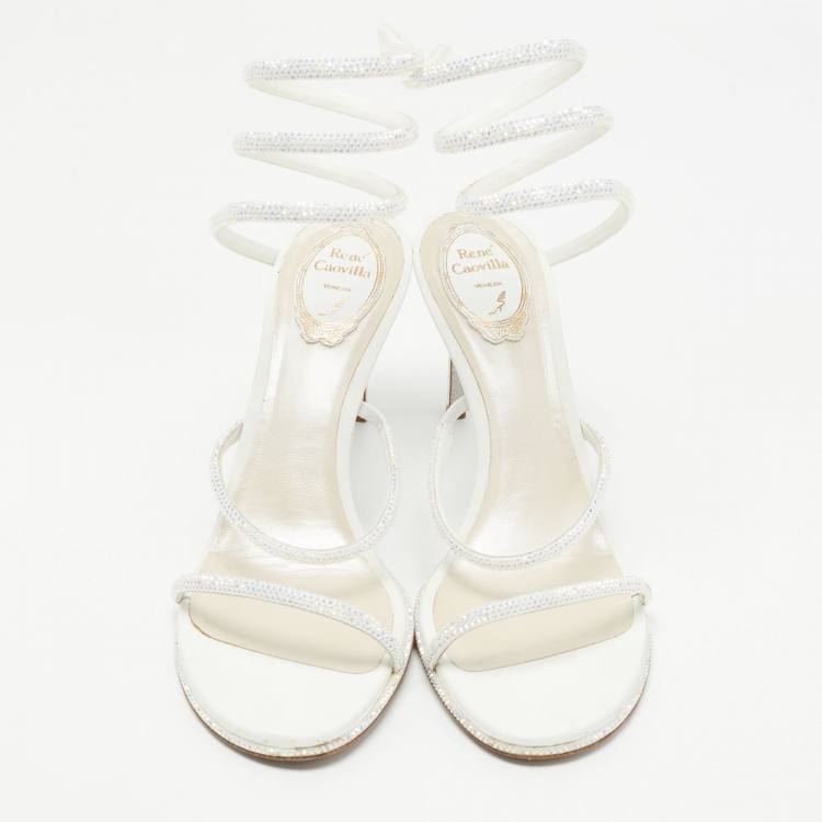 مملوكة مسبقًا René Caovilla White Leather Crystal Embellished Ankle Wrap Sandals Size 41