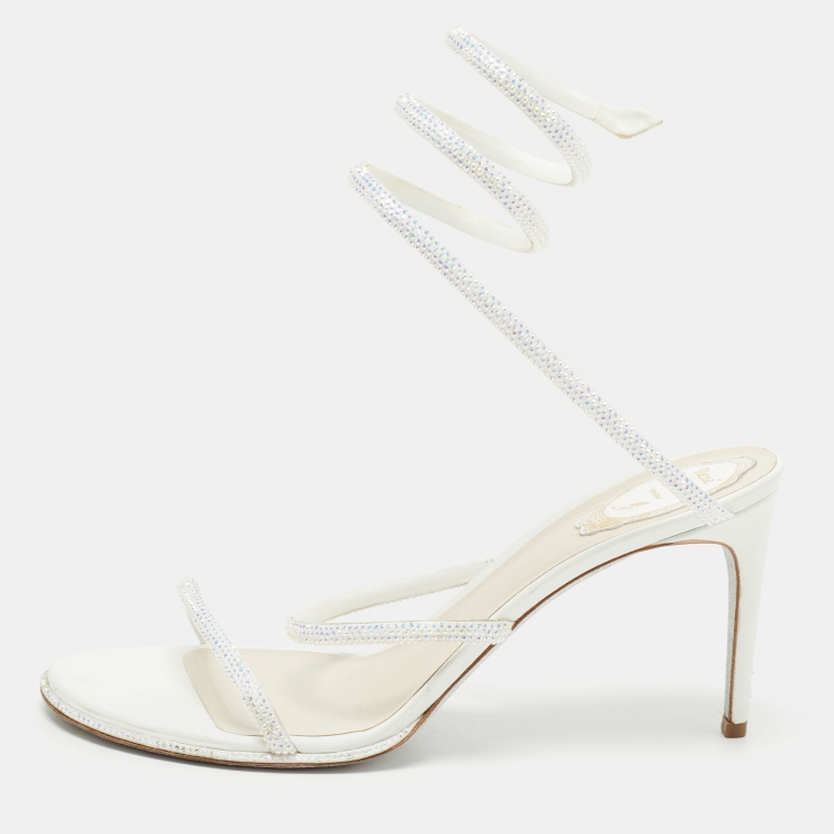 مملوكة مسبقًا René Caovilla White Leather Crystal Embellished Ankle Wrap Sandals Size 41