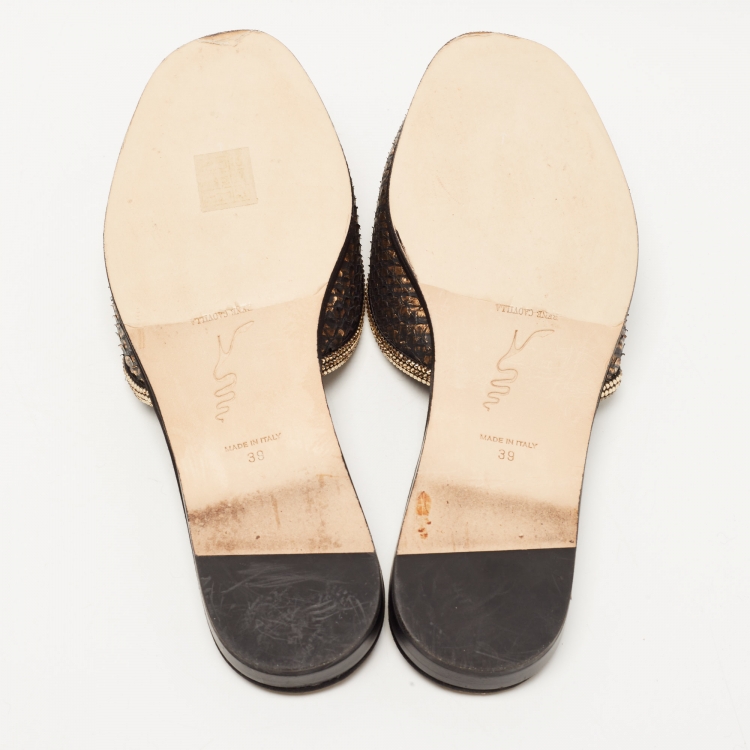 مملوكة مسبقًا René Caovilla Gold Python and Crystal Embellished Flat Slides Size 39  