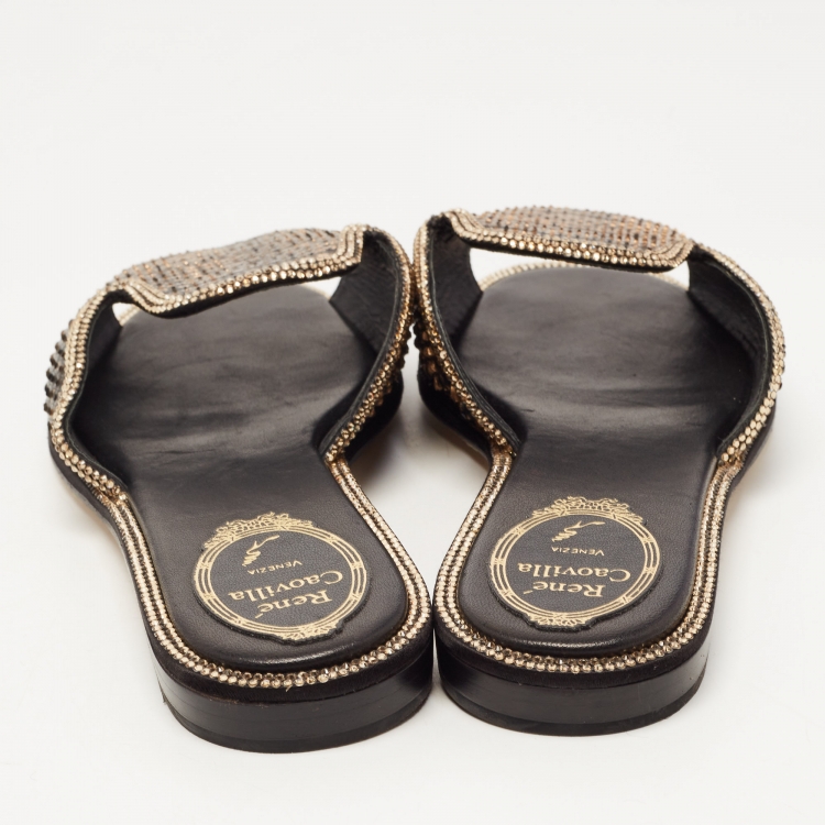 مملوكة مسبقًا René Caovilla Gold Python and Crystal Embellished Flat Slides Size 39  