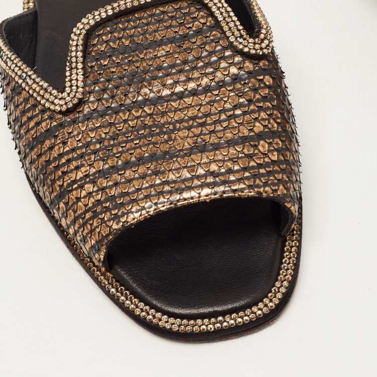مملوكة مسبقًا René Caovilla Gold Python and Crystal Embellished Flat Slides Size 39  