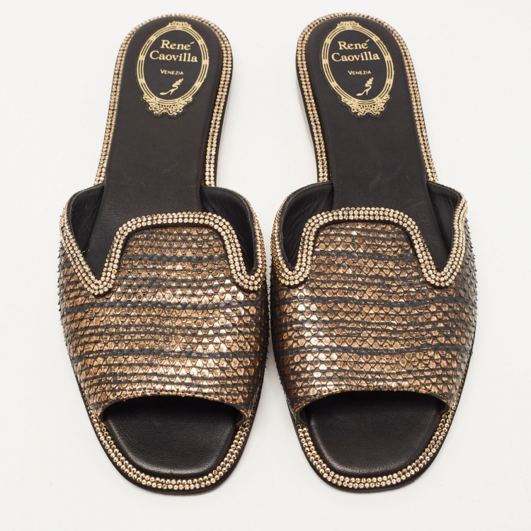 مملوكة مسبقًا René Caovilla Gold Python and Crystal Embellished Flat Slides Size 39  