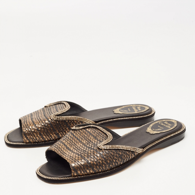 مملوكة مسبقًا René Caovilla Gold Python and Crystal Embellished Flat Slides Size 39  