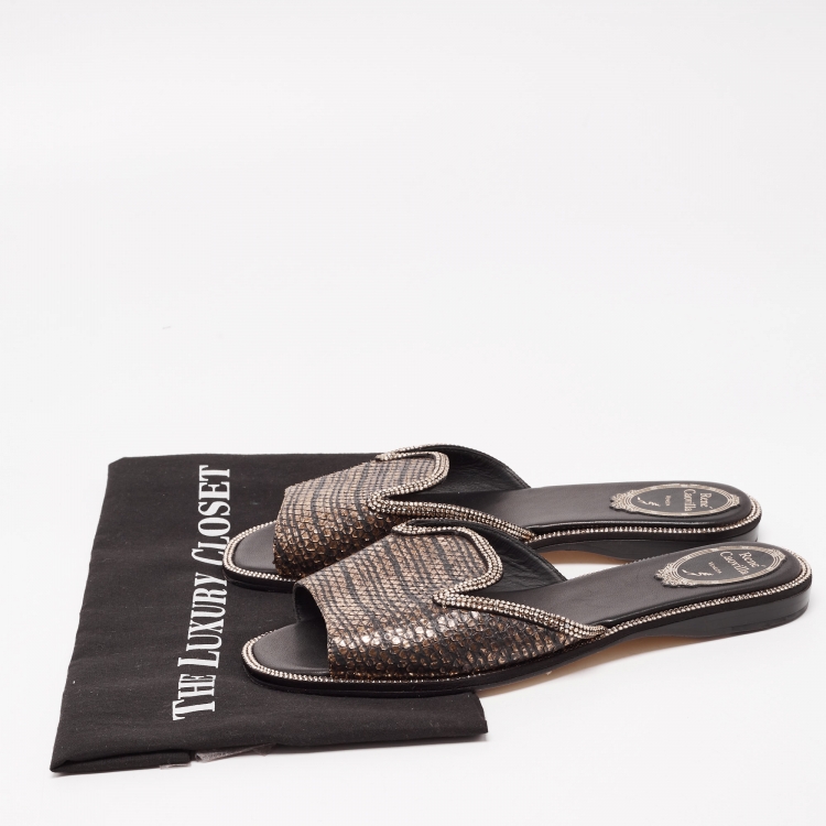 مملوكة مسبقًا René Caovilla Gold Python and Crystal Embellished Flat Slides Size 39  
