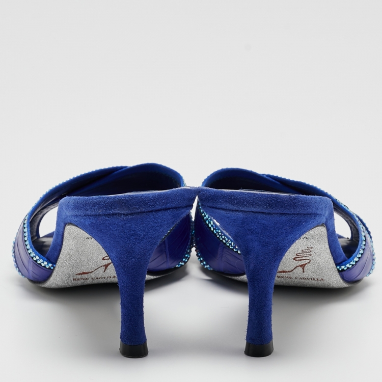 Pre Owned Rene Caovilla Blue Crocodile and Suede Crystal Embellished Slides Sandals Size 38.5