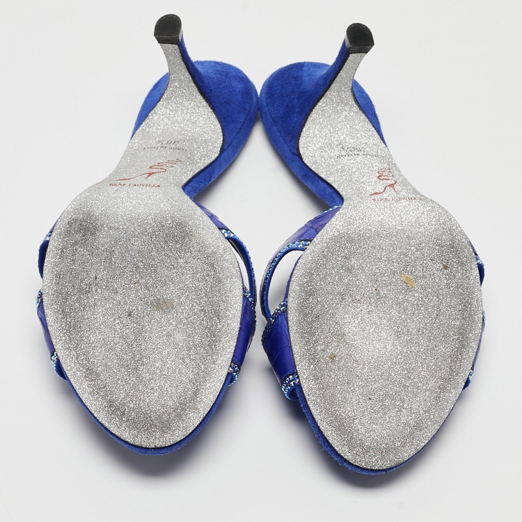Pre Owned Rene Caovilla Blue Crocodile and Suede Crystal Embellished Slides Sandals Size 38.5
