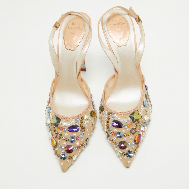 Pre Owned René Caovilla Beige Mesh and Leather Crystal Embellished Slingback Pumps Size 39