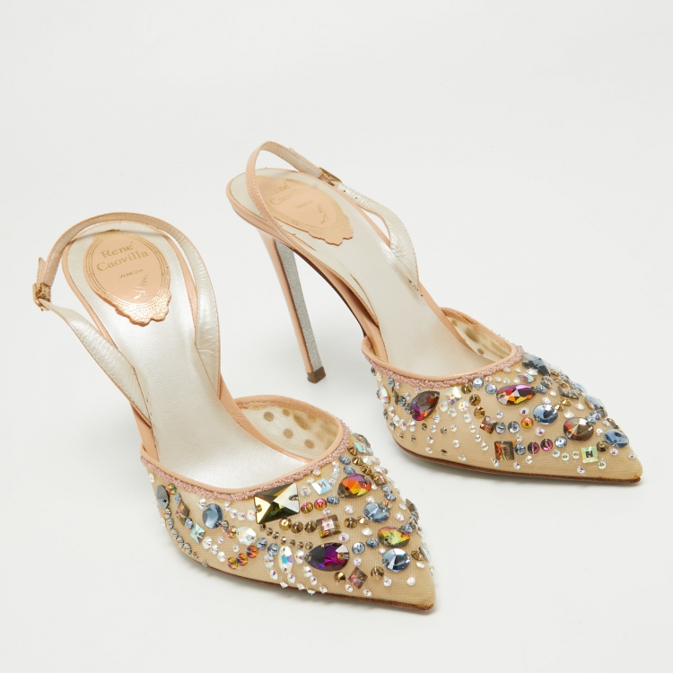 Pre Owned René Caovilla Beige Mesh and Leather Crystal Embellished Slingback Pumps Size 39
