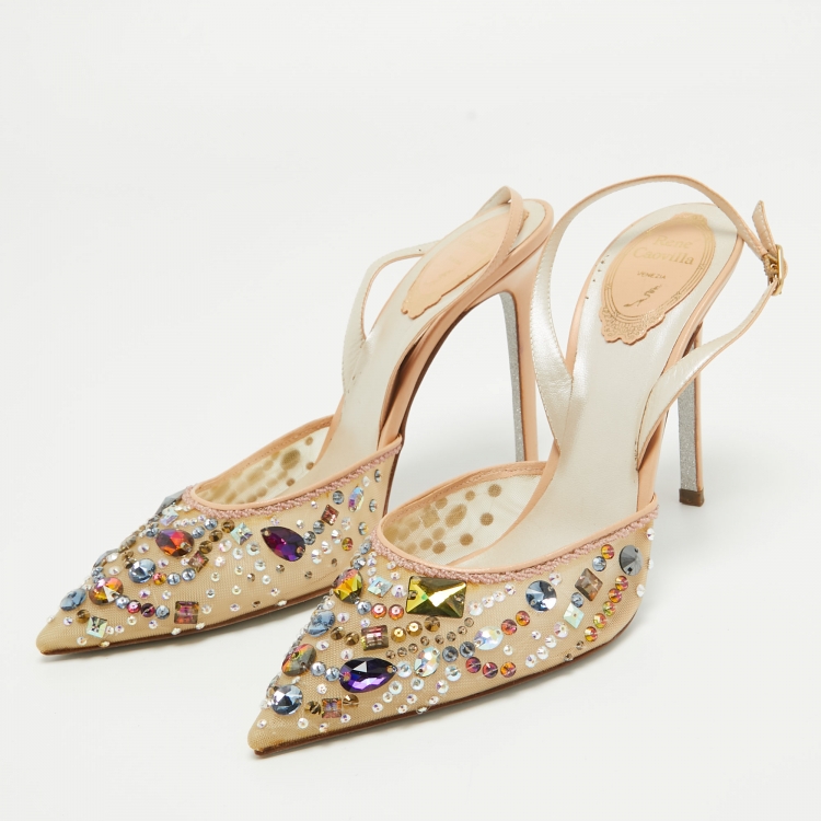 Pre Owned René Caovilla Beige Mesh and Leather Crystal Embellished Slingback Pumps Size 39