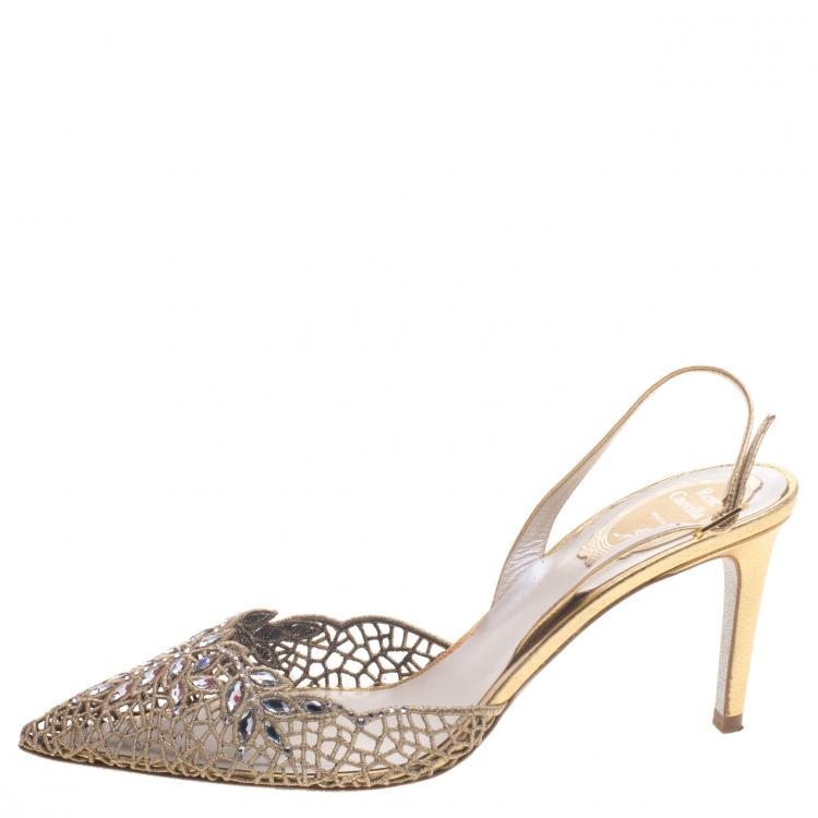 مملوكة مسبقًا René Caovilla Gold Crystal Embellished Macrame Lace And Leather Slingback Sandals Size 38