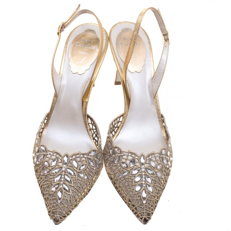 مملوكة مسبقًا René Caovilla Gold Crystal Embellished Macrame Lace And Leather Slingback Sandals Size 38