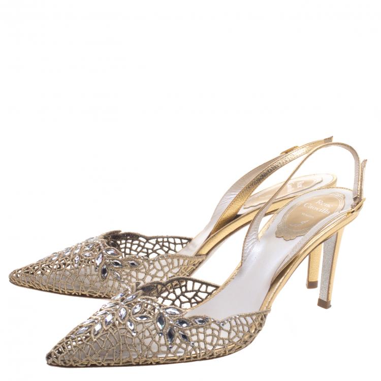 مملوكة مسبقًا René Caovilla Gold Crystal Embellished Macrame Lace And Leather Slingback Sandals Size 38