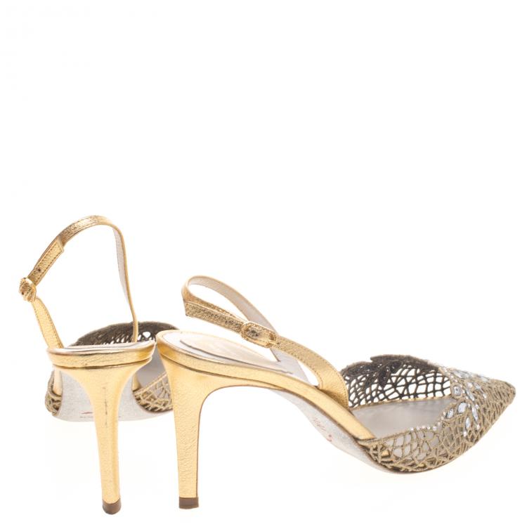 مملوكة مسبقًا René Caovilla Gold Crystal Embellished Macrame Lace And Leather Slingback Sandals Size 38