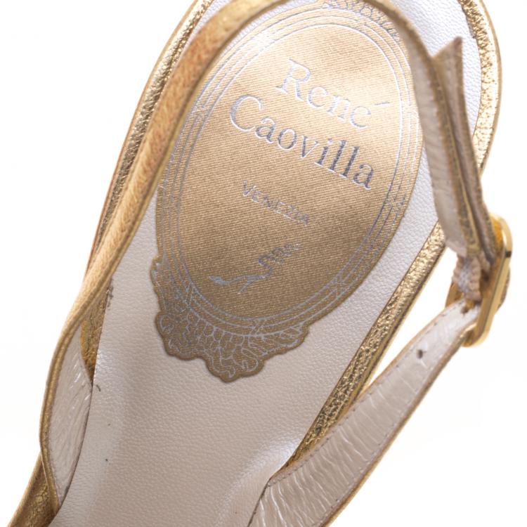 مملوكة مسبقًا René Caovilla Gold Crystal Embellished Macrame Lace And Leather Slingback Sandals Size 38
