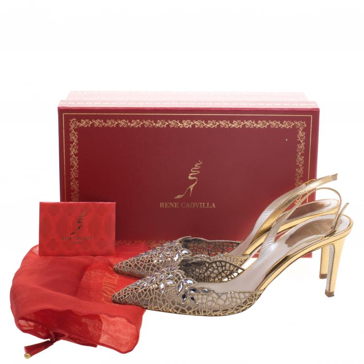 مملوكة مسبقًا René Caovilla Gold Crystal Embellished Macrame Lace And Leather Slingback Sandals Size 38