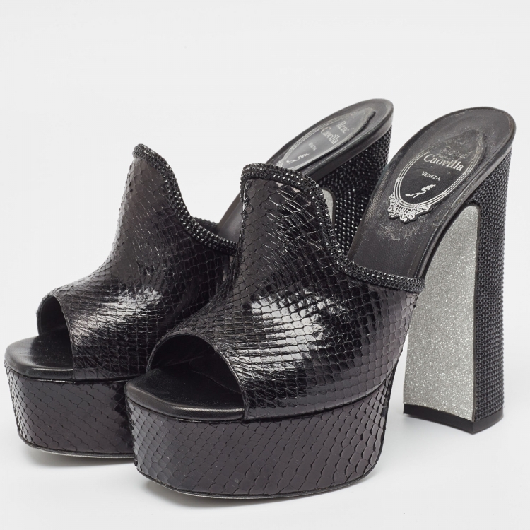 Pre Owned René Caovilla Black Python Platform Slides  Sandals Size 37
