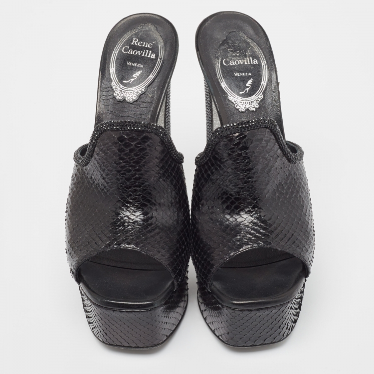 Pre Owned René Caovilla Black Python Platform Slides  Sandals Size 37