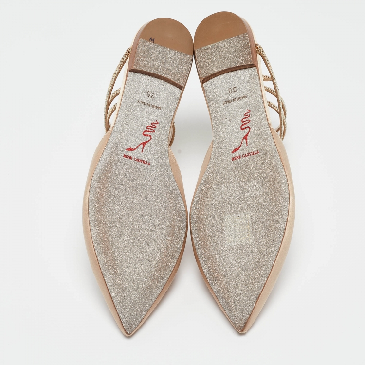 Pre Owned René Caovilla Beige Satin Ankle Wrap Flats Size 38