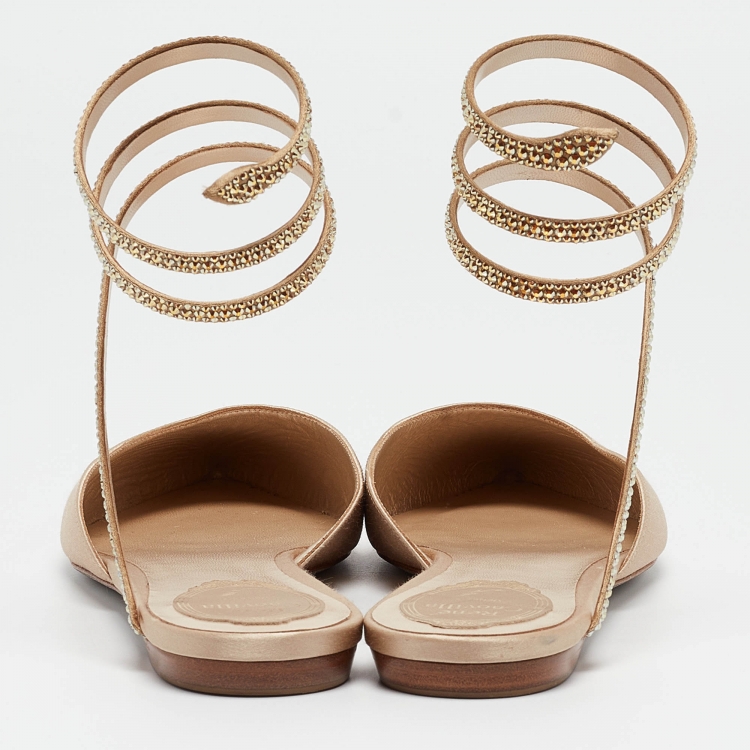 Pre Owned René Caovilla Beige Satin Ankle Wrap Flats Size 38