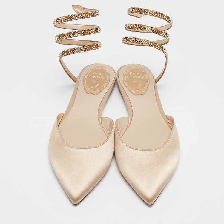 Pre Owned René Caovilla Beige Satin Ankle Wrap Flats Size 38