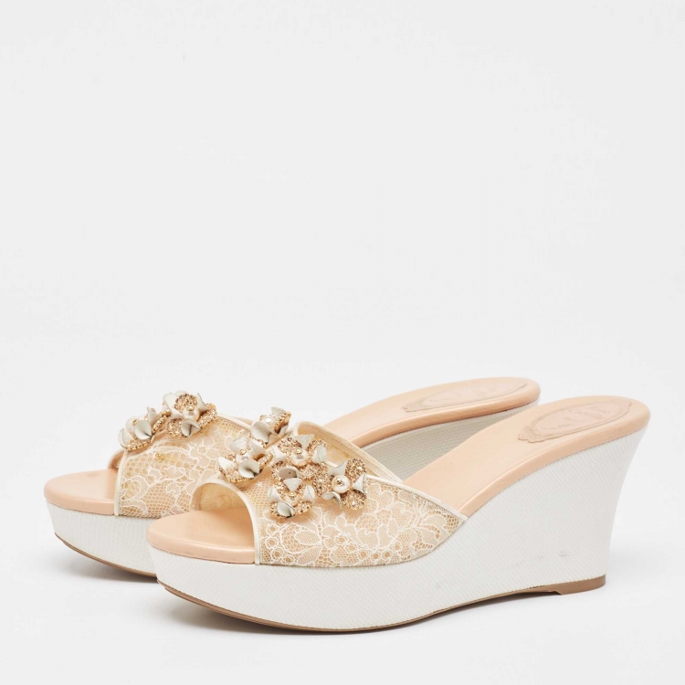 Pre Owned René Caovilla Beige/White Leather Floral Embellished Wedge Sandals Size 39