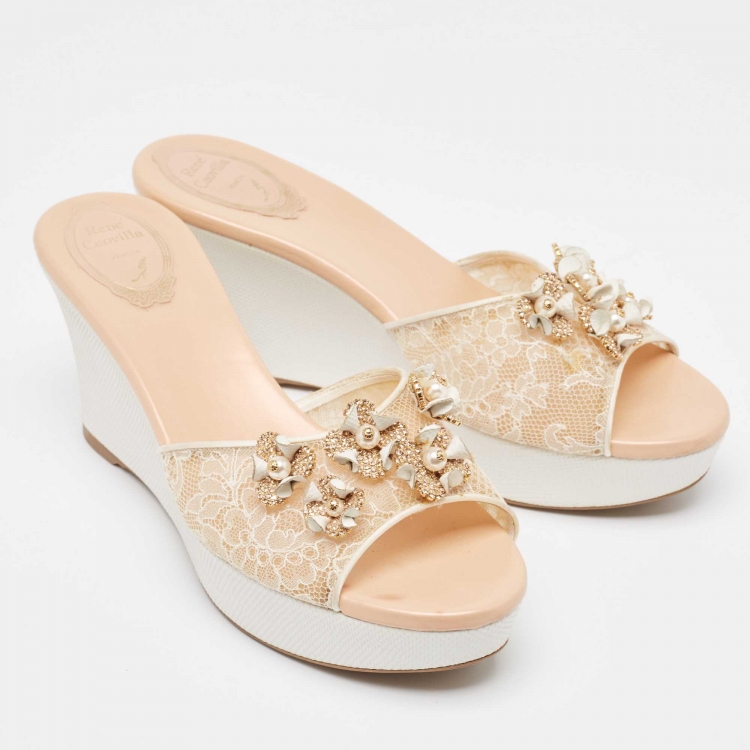 Pre Owned René Caovilla Beige/White Leather Floral Embellished Wedge Sandals Size 39