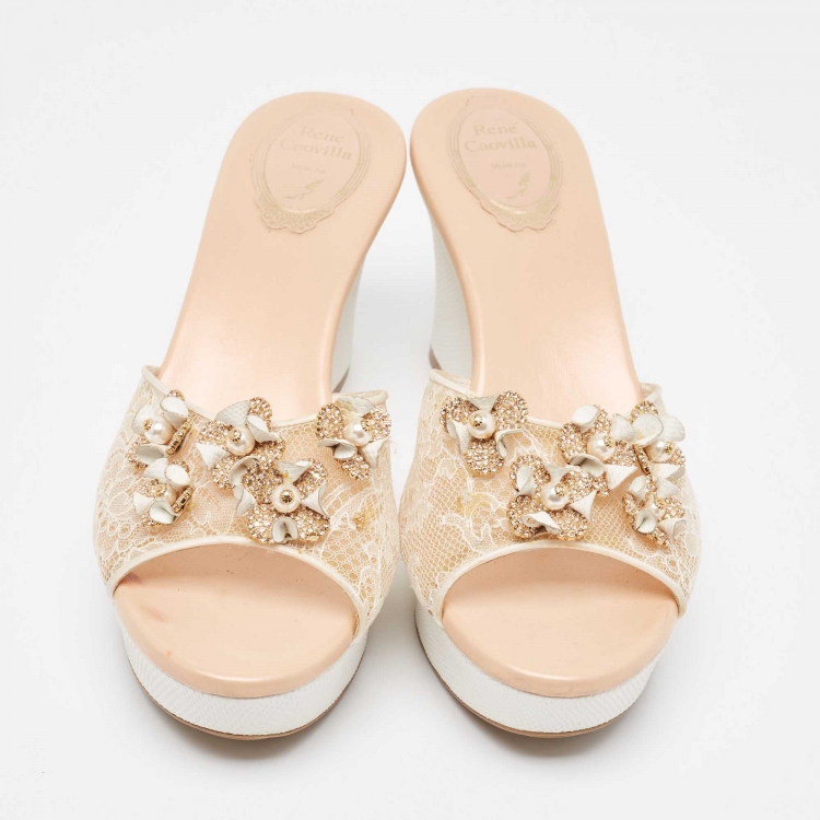 Pre Owned René Caovilla Beige/White Leather Floral Embellished Wedge Sandals Size 39