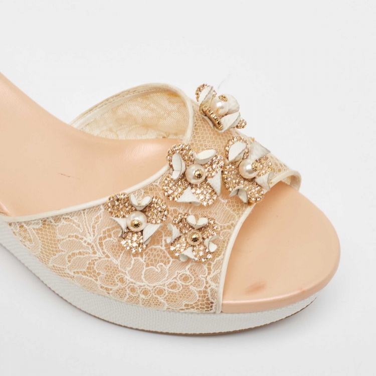Pre Owned René Caovilla Beige/White Leather Floral Embellished Wedge Sandals Size 39