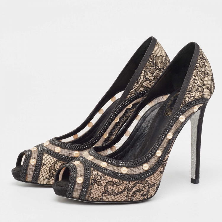Pre Owned René Caovilla Black Satin and Lace Pearl Embellished Peep Toe Platform Pumps Size 37