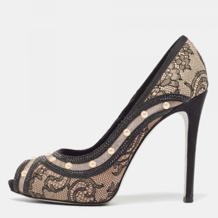 Pre Owned René Caovilla Black Satin and Lace Pearl Embellished Peep Toe Platform Pumps Size 37