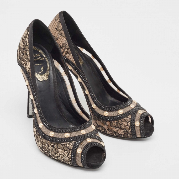 Pre Owned René Caovilla Black Satin and Lace Pearl Embellished Peep Toe Platform Pumps Size 37