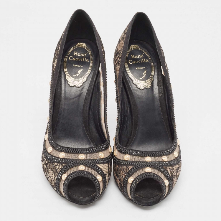 Pre Owned René Caovilla Black Satin and Lace Pearl Embellished Peep Toe Platform Pumps Size 37