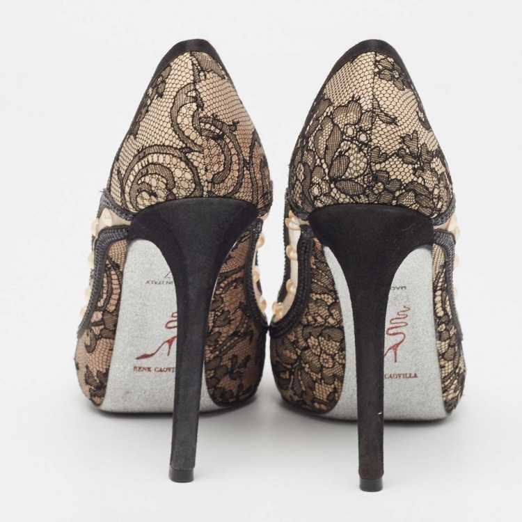 Pre Owned René Caovilla Black Satin and Lace Pearl Embellished Peep Toe Platform Pumps Size 37