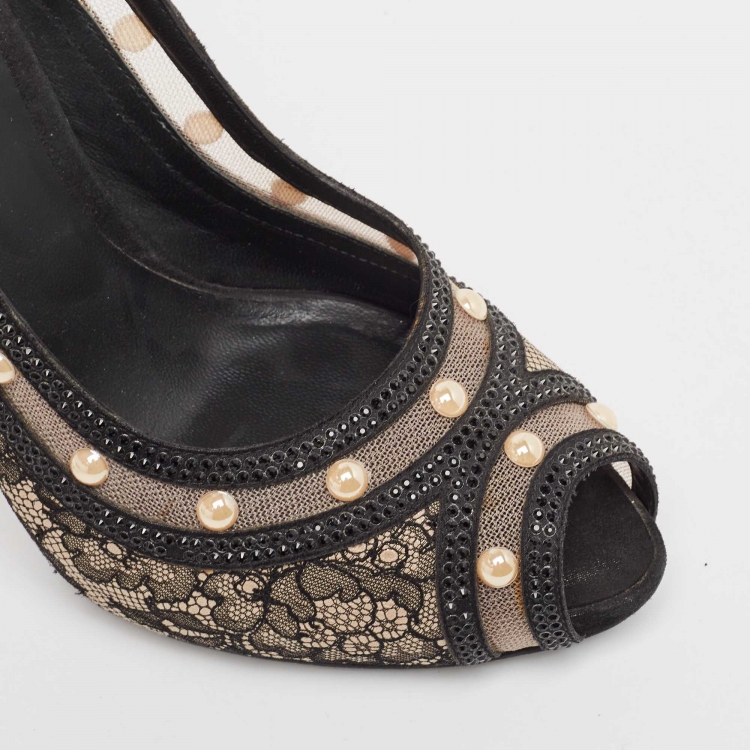Pre Owned René Caovilla Black Satin and Lace Pearl Embellished Peep Toe Platform Pumps Size 37
