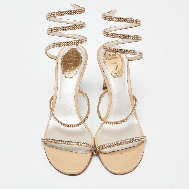 Pre Owned René Caovilla Beige Satin Cleo Crystals Sandals Size 39.5