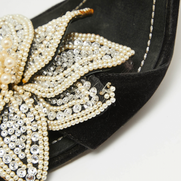 Pre Owned René Caovilla Black Velvet and Satin Pearls Embellished Slingback Sandals Size 40