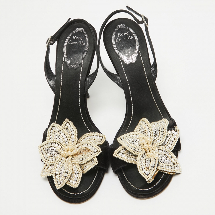 Pre Owned René Caovilla Black Velvet and Satin Pearls Embellished Slingback Sandals Size 40