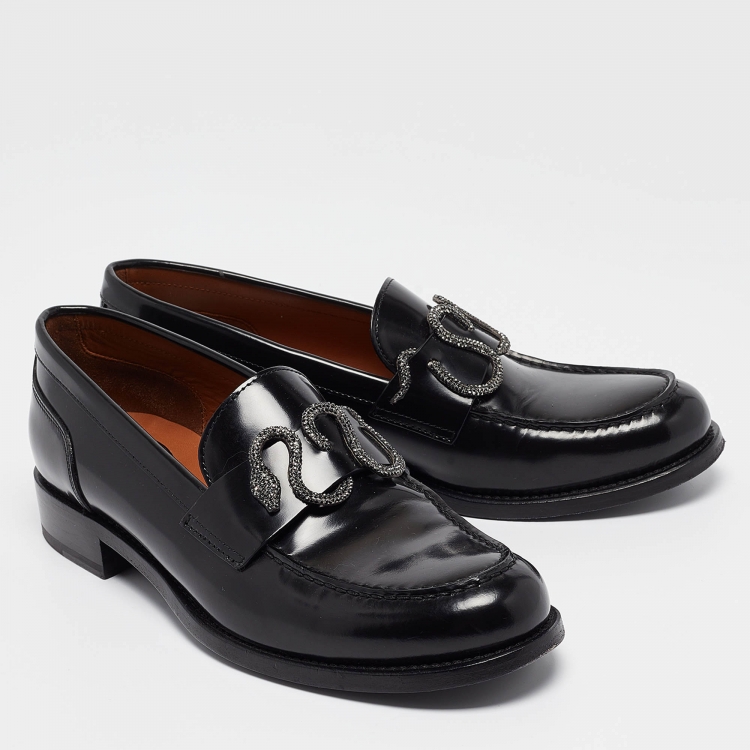 Pre Owned René Caovilla Black Leather Crystals Morgana Loafers Size 37.5