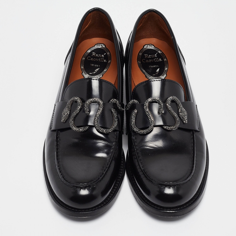 Pre Owned René Caovilla Black Leather Crystals Morgana Loafers Size 37.5