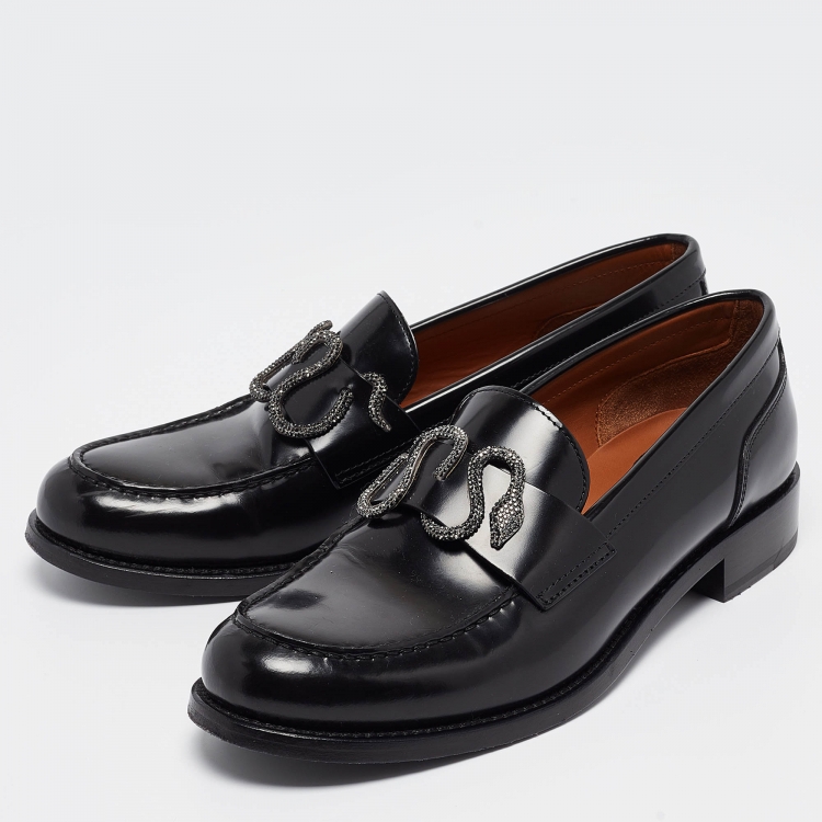 Pre Owned René Caovilla Black Leather Crystals Morgana Loafers Size 37.5