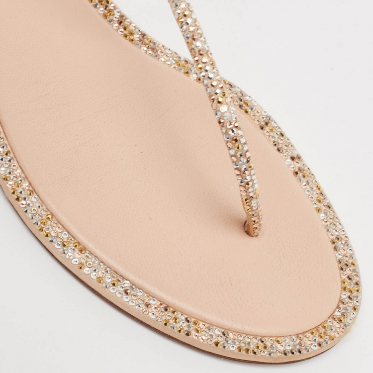 Pre Owned René Caovilla Metallic Crystal Embellished Satin Thong Flat Sandals Size 37