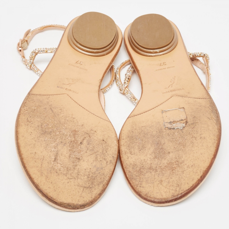 Pre Owned René Caovilla Metallic Crystal Embellished Satin Thong Flat Sandals Size 37
