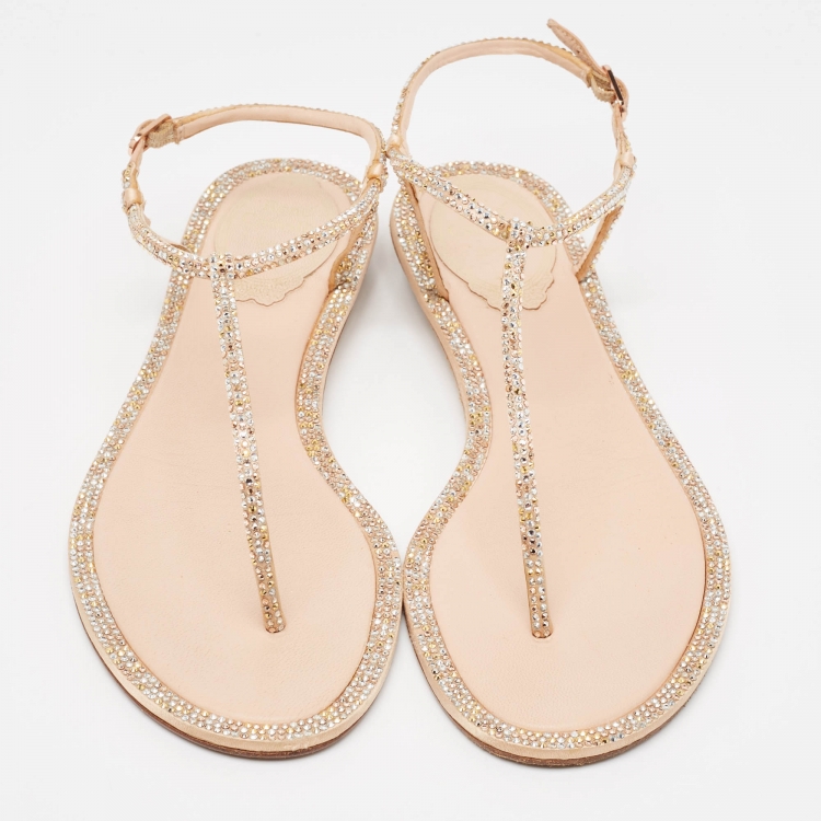 Pre Owned René Caovilla Metallic Crystal Embellished Satin Thong Flat Sandals Size 37