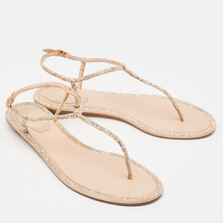 Pre Owned René Caovilla Metallic Crystal Embellished Satin Thong Flat Sandals Size 37