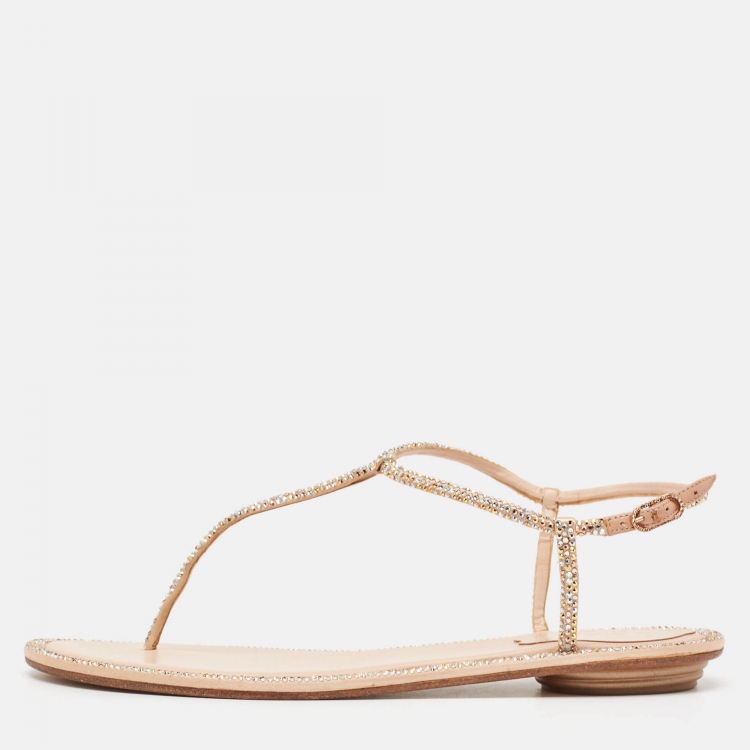 Pre Owned René Caovilla Metallic Crystal Embellished Satin Thong Flat Sandals Size 37