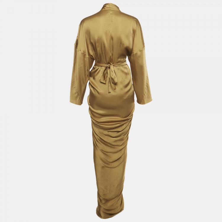 Pre Owned Rick Owens Honey Brown Satin Long Wrap Dress M